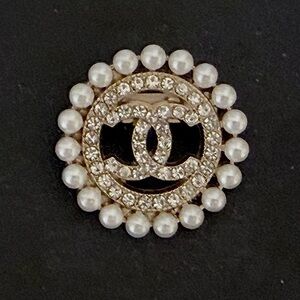 Gold-Tone Pearl & Crystal Interlocking Logo Brooch - Elegant Accent